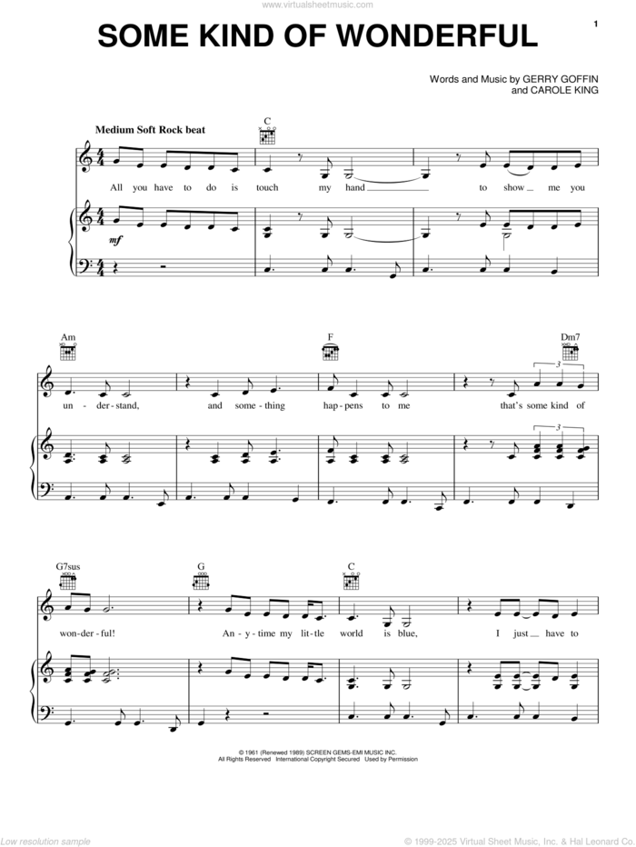 Some Kind Of Wonderful sheet music for voice, piano or guitar by Carole King and Gerry Goffin, intermediate skill level