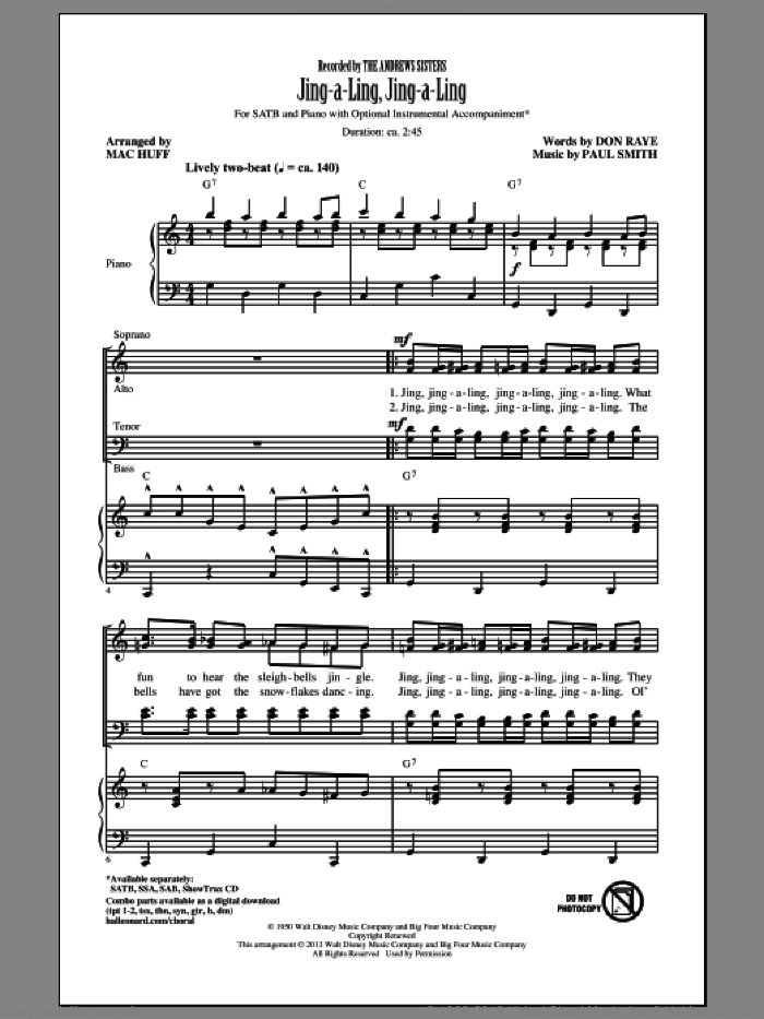 Jing-A-Ling, Jing-A-Ling sheet music for choir (SATB: soprano, alto, tenor, bass) by Don Raye, Mac Huff and Paul Smith, intermediate skill level