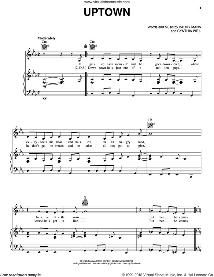 Uptown sheet music for voice, piano or guitar by Carole King, The Crystals, Barry Mann and Cynthia Weil, intermediate skill level