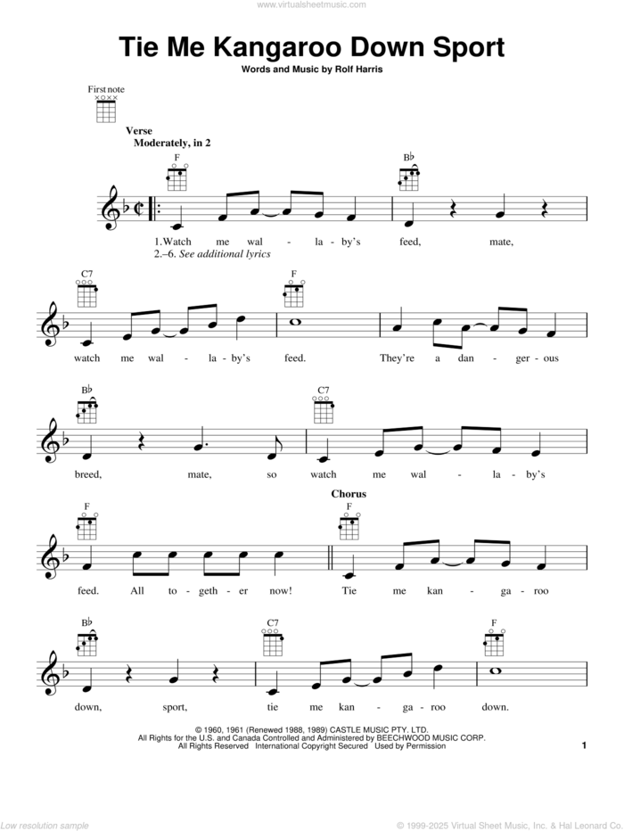 Tie Me Kangaroo Down Sport sheet music for ukulele by Rolf Harris, intermediate skill level