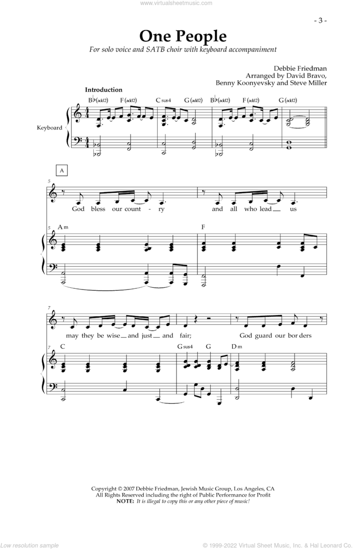 One People sheet music for choir (SATB: soprano, alto, tenor, bass) by Debbie Friedman, Benny Koonyevsky, David Bravo and Steve Miller, intermediate skill level