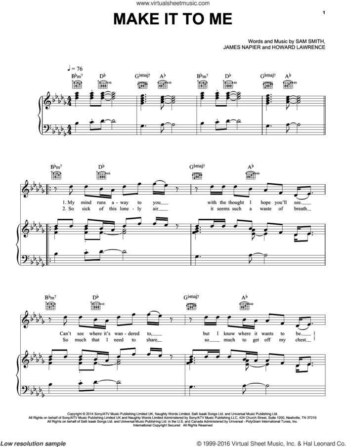 Make It To Me sheet music for voice, piano or guitar by Sam Smith, Howard Lawrence and James Napier, intermediate skill level