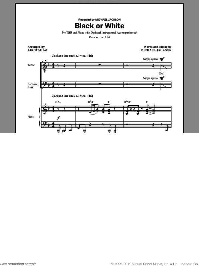 Black Or White (arr. Kirby Shaw) sheet music for choir (TBB: tenor, bass) by Michael Jackson and Kirby Shaw, intermediate skill level