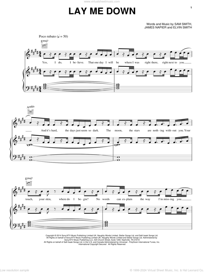 Lay Me Down sheet music for voice, piano or guitar by Sam Smith, Elvin Smith and James Napier, intermediate skill level