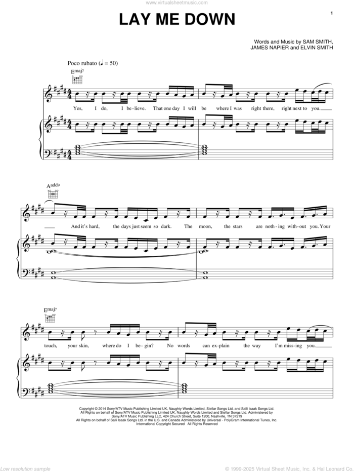 Lay Me Down sheet music for voice, piano or guitar by Sam Smith, Elvin Smith and James Napier, intermediate skill level