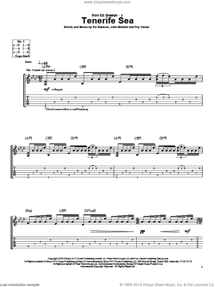 Tenerife Sea sheet music for guitar (tablature) by Ed Sheeran, Foy Vance and John McDaid, intermediate skill level