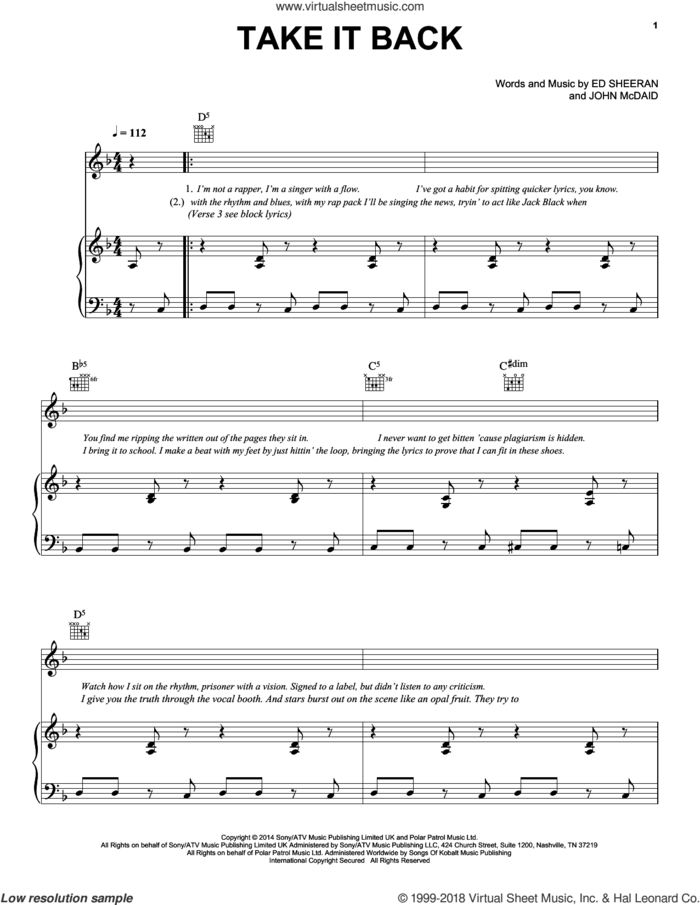 Take It Back sheet music for voice, piano or guitar by Ed Sheeran and John McDaid, intermediate skill level
