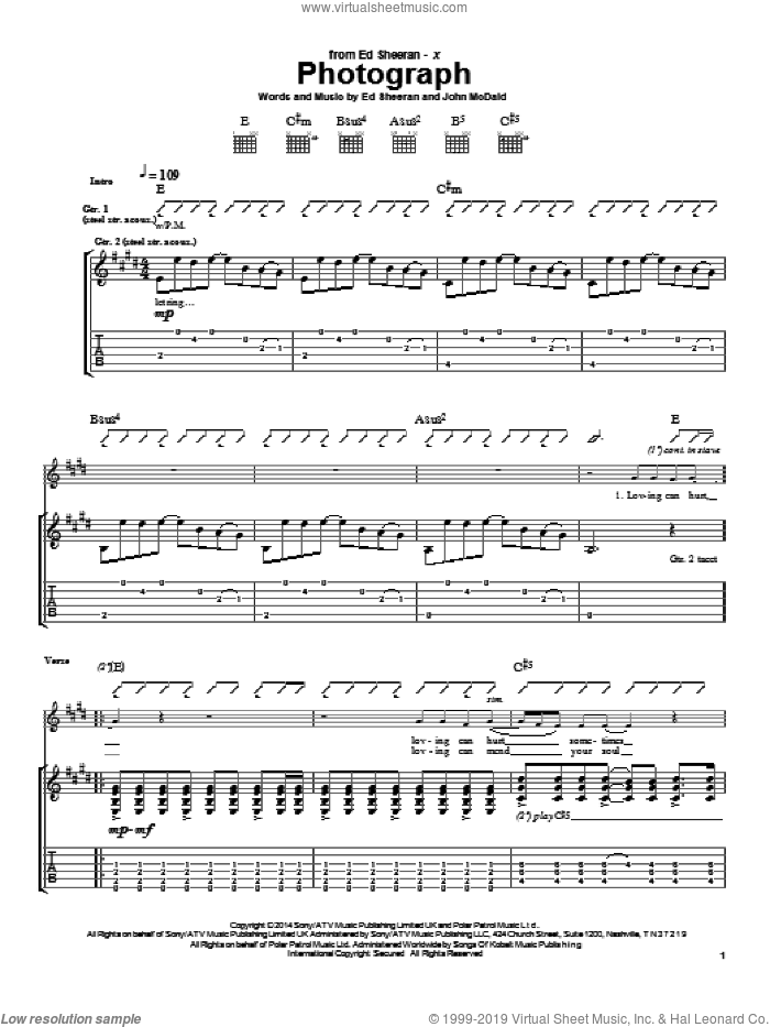 Photograph sheet music for guitar (tablature) by Ed Sheeran and John McDaid, intermediate skill level