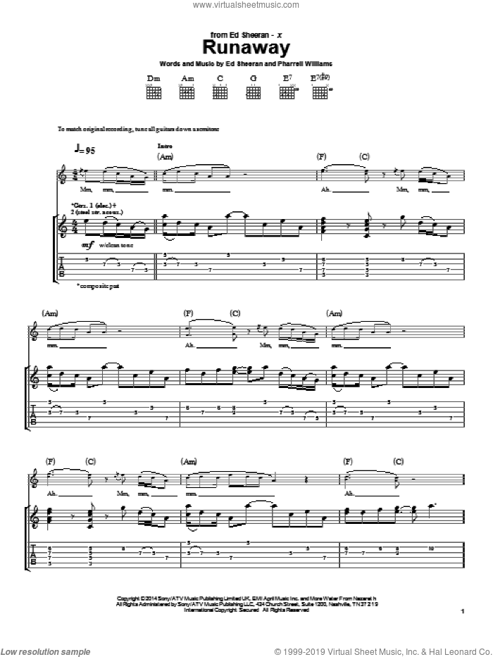 Runaway sheet music for guitar (tablature) by Ed Sheeran and Pharrell Williams, intermediate skill level