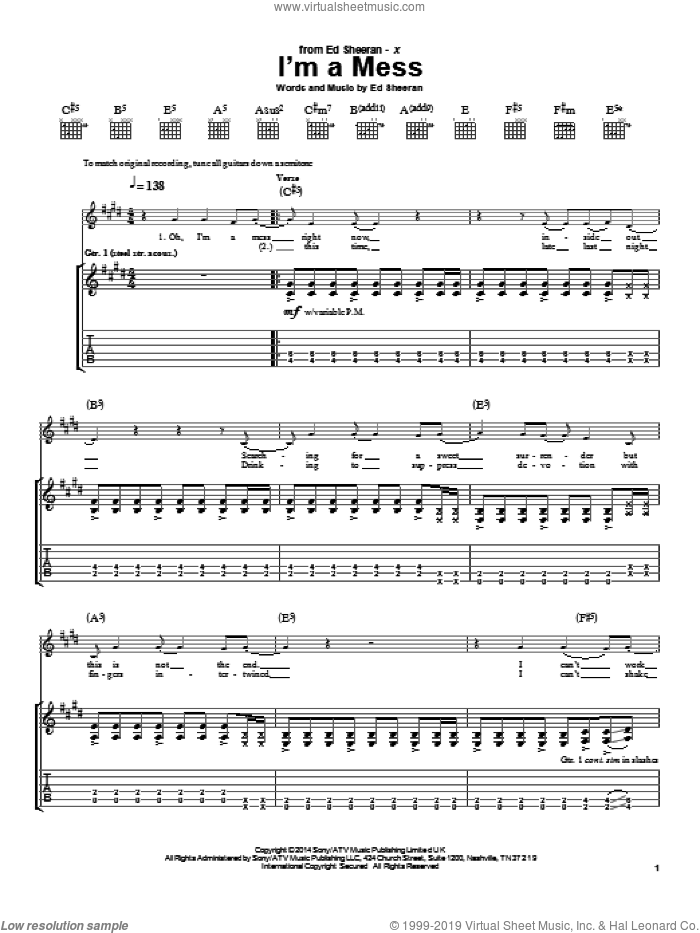 I'm A Mess sheet music for guitar (tablature) by Ed Sheeran, intermediate skill level