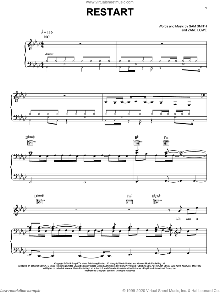 Restart sheet music for voice, piano or guitar by Sam Smith and Zane Lowe, intermediate skill level