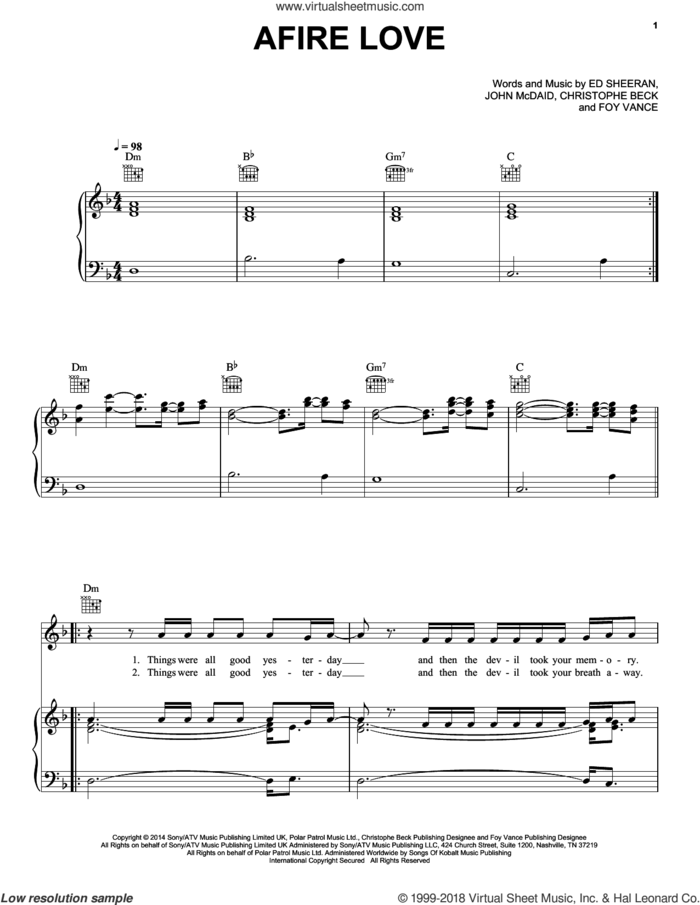 Afire Love sheet music for voice, piano or guitar by Ed Sheeran, Christophe Beck, Foy Vance and John McDaid, intermediate skill level