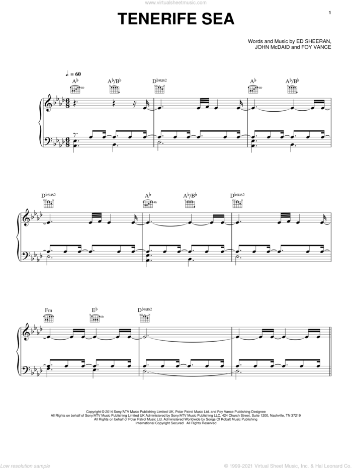 Tenerife Sea sheet music for voice, piano or guitar by Ed Sheeran, Foy Vance and John McDaid, intermediate skill level