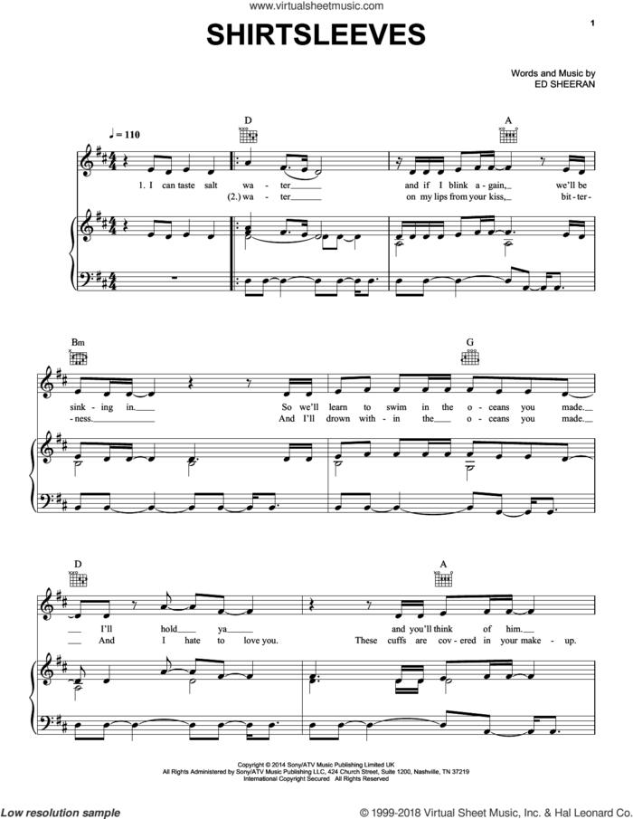 Shirtsleeves sheet music for voice, piano or guitar by Ed Sheeran, intermediate skill level