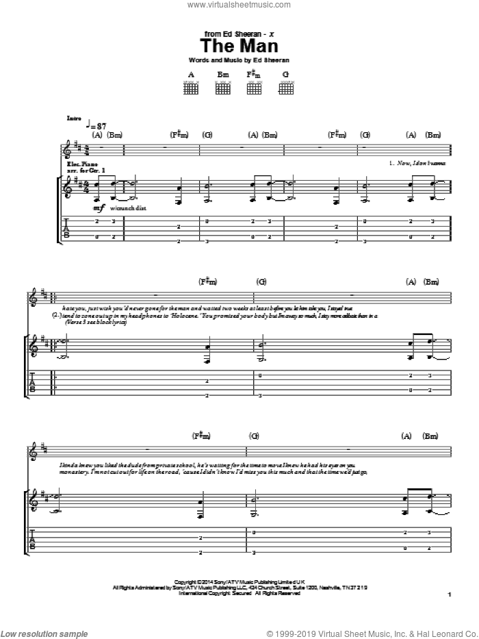 The Man sheet music for guitar (tablature) by Ed Sheeran, intermediate skill level