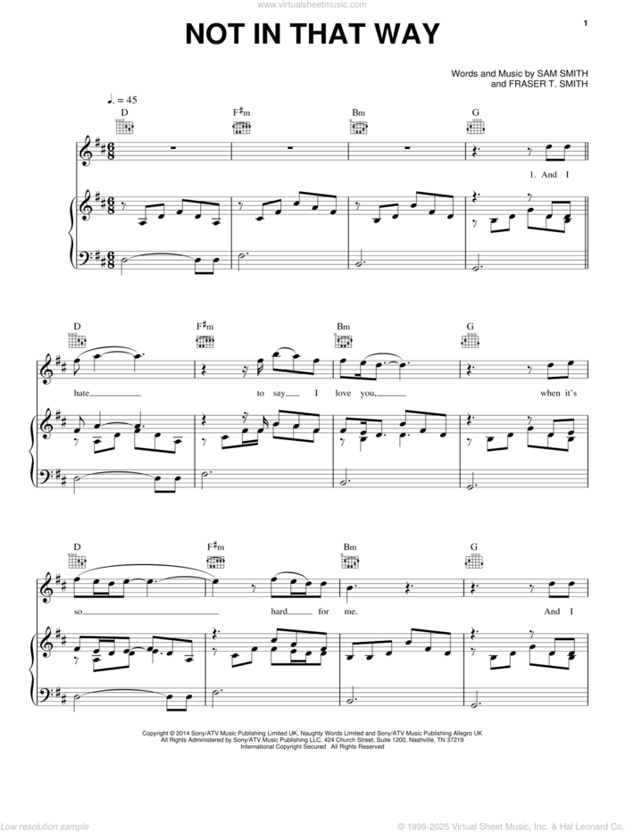 Not In That Way sheet music for voice, piano or guitar by Sam Smith and Fraser T. Smith, intermediate skill level