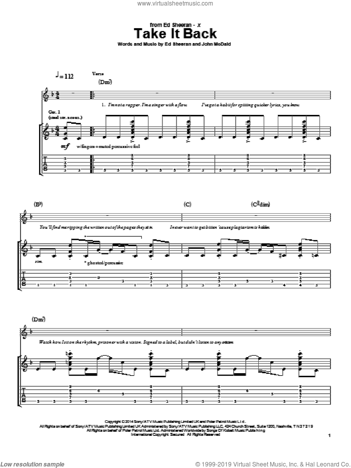 Take It Back sheet music for guitar (tablature) by Ed Sheeran and John McDaid, intermediate skill level