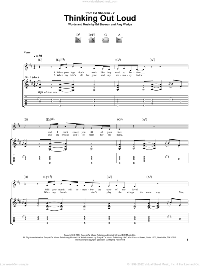 Thinking Out Loud sheet music for guitar (tablature) by Ed Sheeran and Amy Wadge, wedding score, intermediate skill level