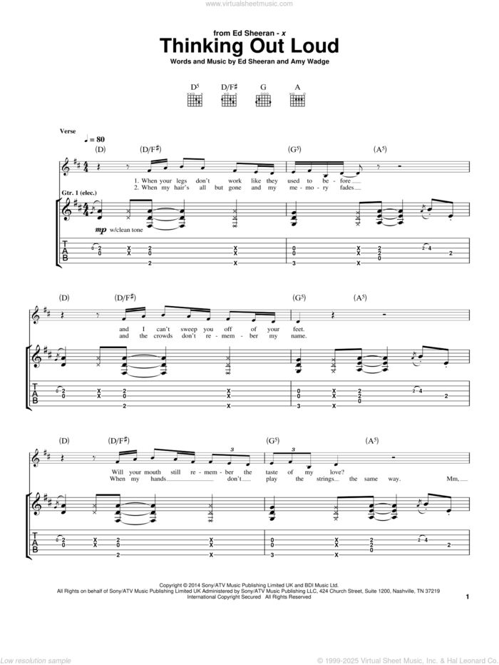 Thinking Out Loud sheet music for guitar (tablature) by Ed Sheeran and Amy Wadge, wedding score, intermediate skill level