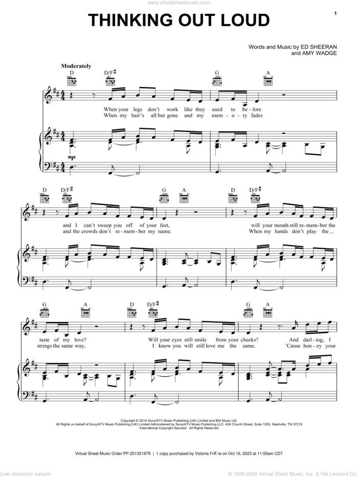 Thinking Out Loud sheet music for voice, piano or guitar by Ed Sheeran and Amy Wadge, wedding score, intermediate skill level