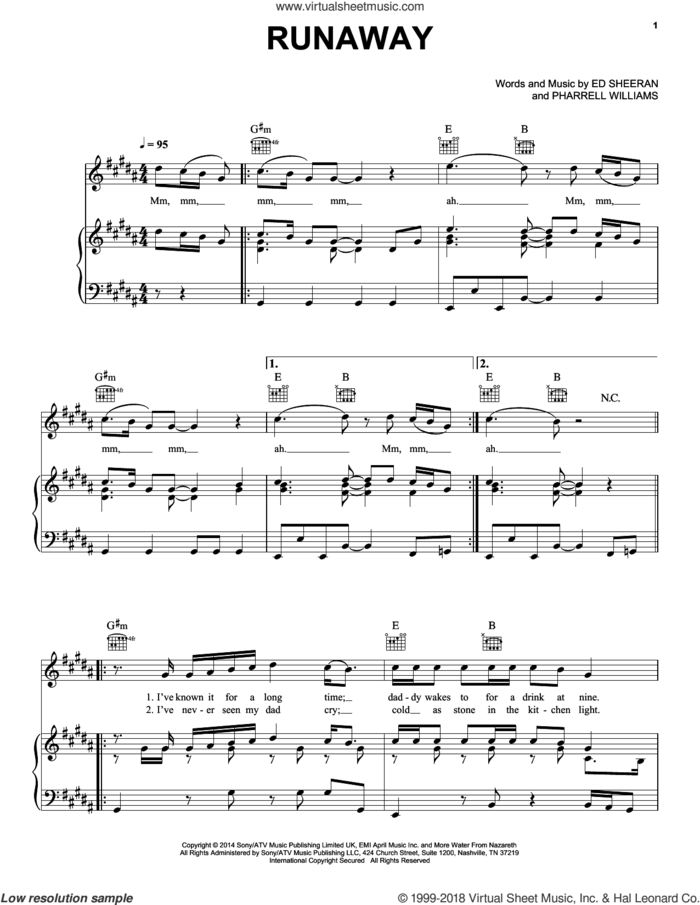 Runaway sheet music for voice, piano or guitar by Ed Sheeran and Pharrell Williams, intermediate skill level