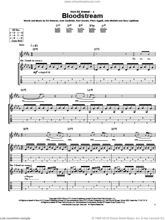 Bloodstream sheet music for guitar (tablature) by Ed Sheeran, Amir Izadkhah, Gary Lightbody, John McDaid, Kesi Dryden and Piers Aggett, intermediate skill level