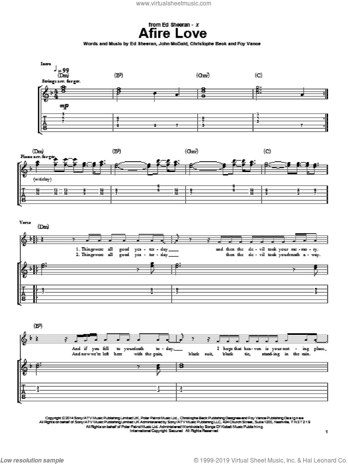 Afire Love sheet music for guitar (tablature) by Ed Sheeran, Christophe Beck, Foy Vance and John McDaid, intermediate skill level
