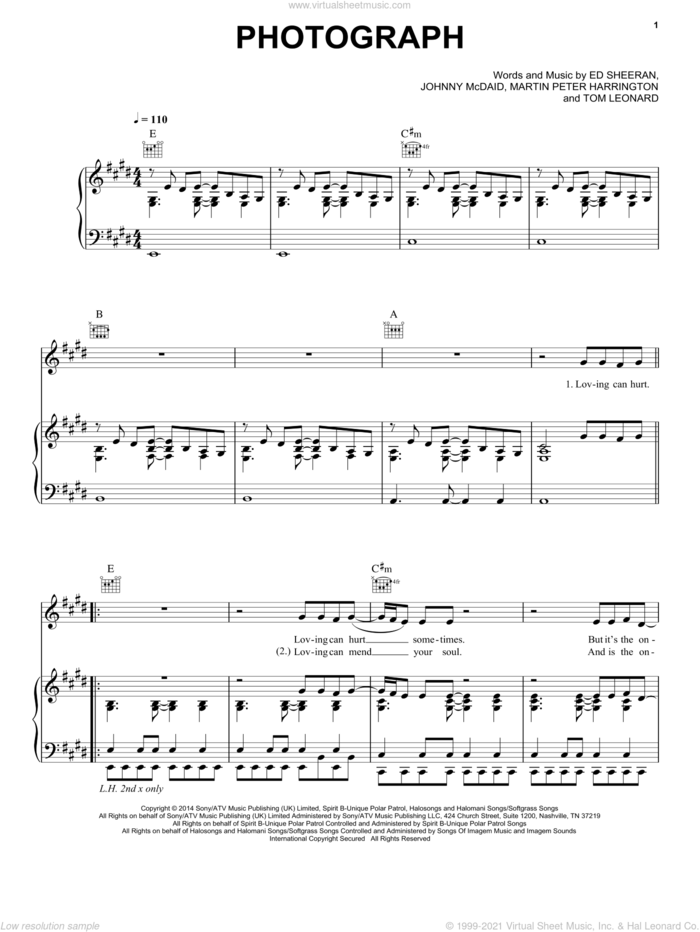 Photograph sheet music for voice, piano or guitar by Ed Sheeran and John McDaid, intermediate skill level