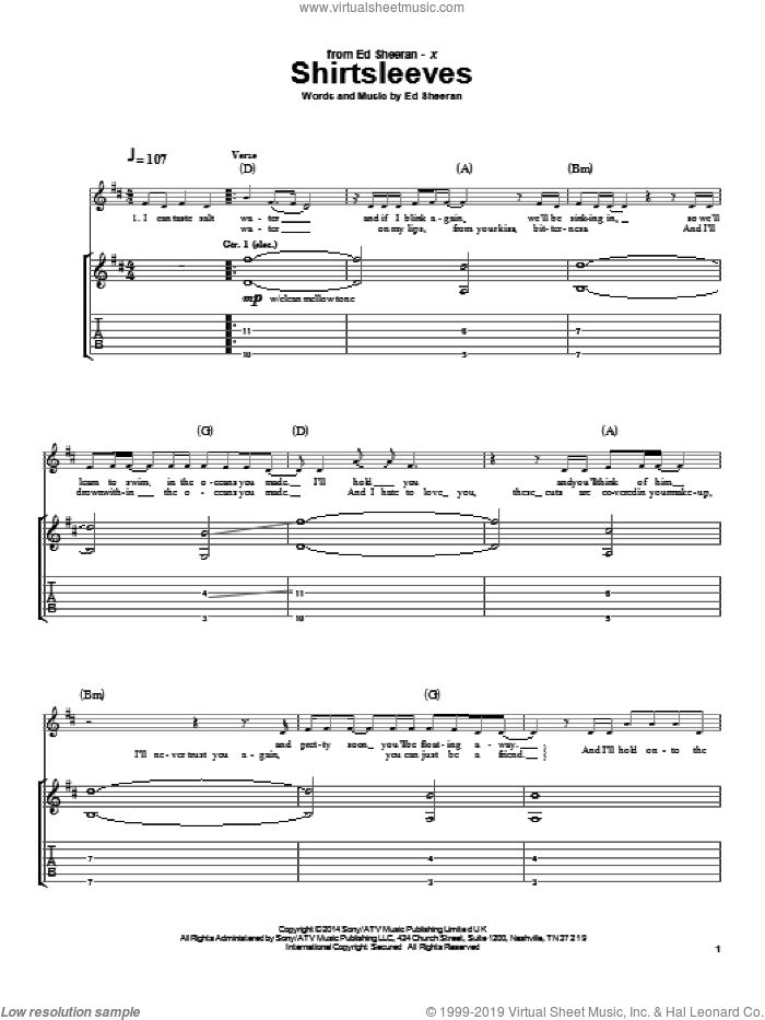 Shirtsleeves sheet music for guitar (tablature) by Ed Sheeran, intermediate skill level