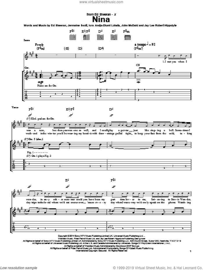 Nina sheet music for guitar (tablature) by Ed Sheeran, Isra Andja-Diumi Lohata, Jay Lee Robert Hippolyte, Jermaine Scott and John McDaid, intermediate skill level