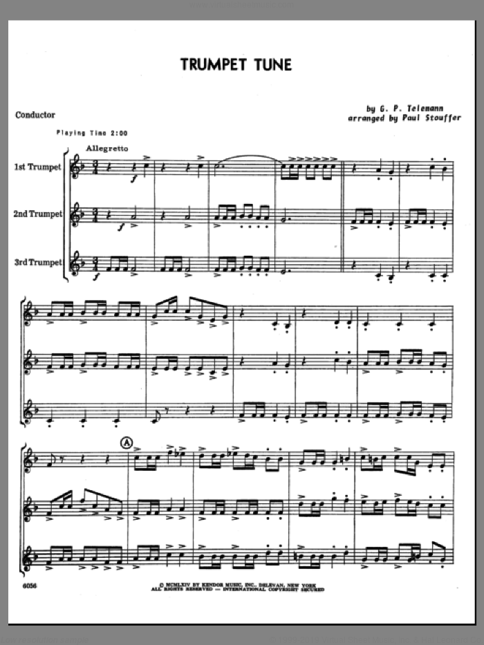 Trumpet Tune (COMPLETE) sheet music for three trumpets by Georg Philipp Telemann and Paul M. Stouffer, classical score, intermediate skill level