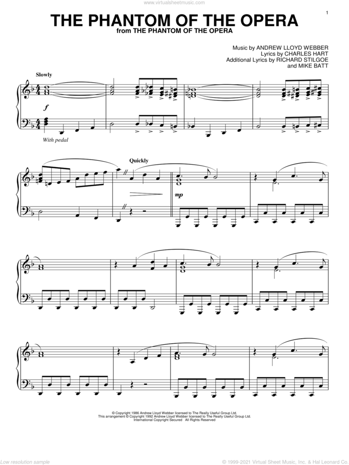 The Phantom Of The Opera, (intermediate) sheet music for piano solo by Andrew Lloyd Webber, Charles Hart, Mike Batt and Richard Stilgoe, intermediate skill level