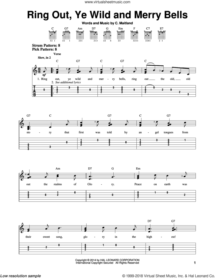 Ring Out, Ye Wild And Merry Bells sheet music for guitar solo (easy tablature) by C. Maitland, easy guitar (easy tablature)