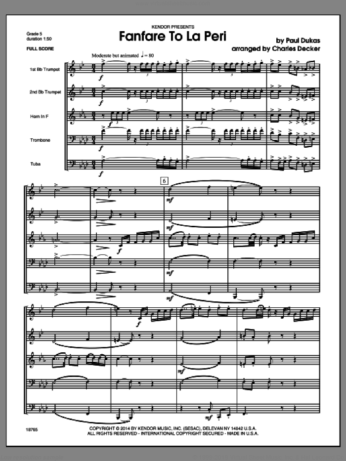 Fanfare To La Peri (COMPLETE) sheet music for brass quintet by Charles Decker and Dukas, classical score, intermediate skill level