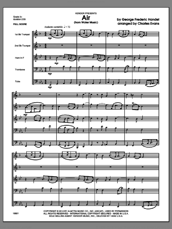 Air (from Water Music) (COMPLETE) sheet music for four trumpets and piano by George Frideric Handel and Charles Evans, classical wedding score, intermediate skill level