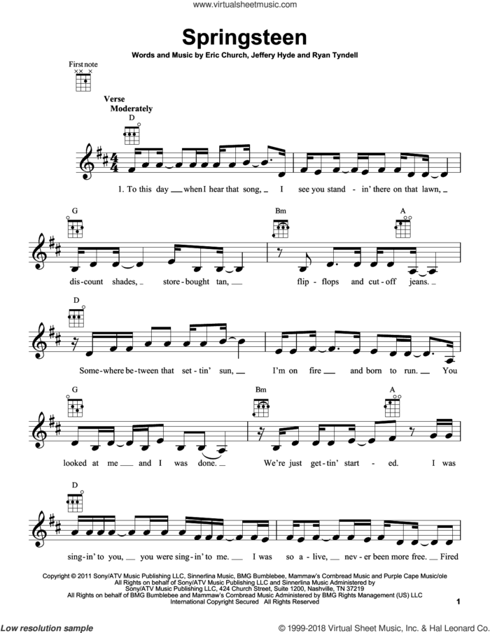 Springsteen sheet music for ukulele by Eric Church, Jeffery Hyde and Ryan Tyndell, intermediate skill level