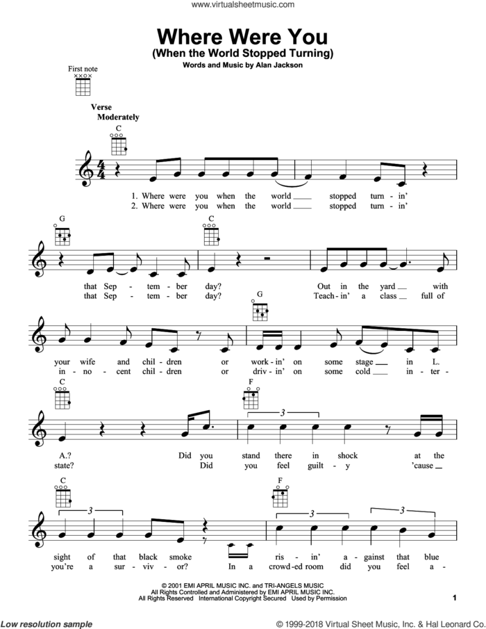 Where Were You (When The World Stopped Turning) sheet music for ukulele by Alan Jackson, intermediate skill level