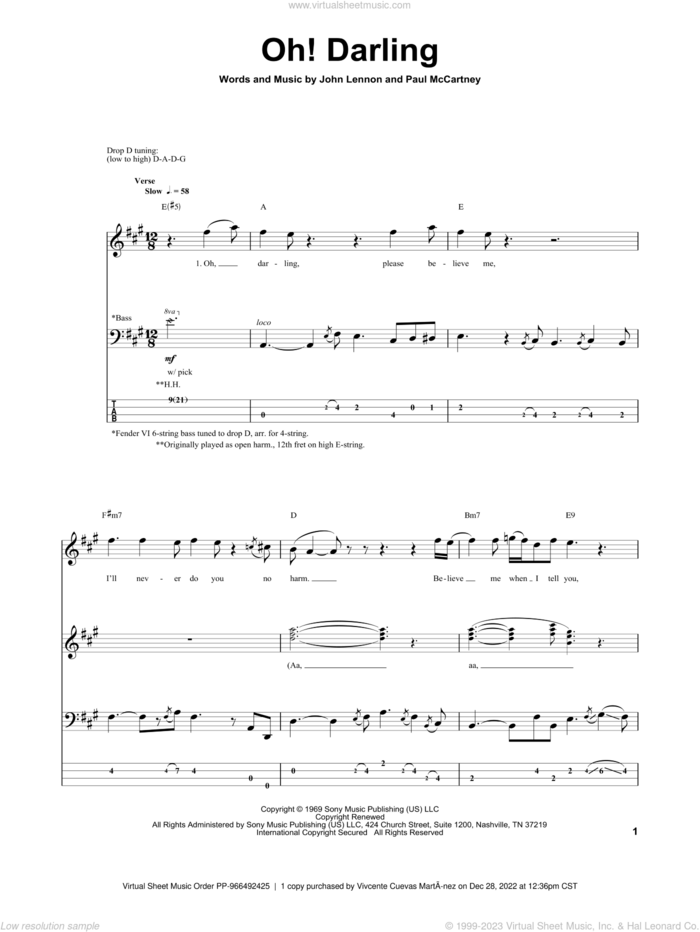 Oh! Darling sheet music for bass (tablature) (bass guitar) by The Beatles, John Lennon and Paul McCartney, intermediate skill level