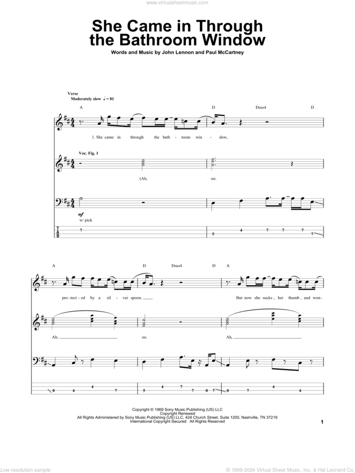 She Came In Through The Bathroom Window sheet music for bass (tablature) (bass guitar) by The Beatles, Joe Cocker, John Lennon and Paul McCartney, intermediate skill level