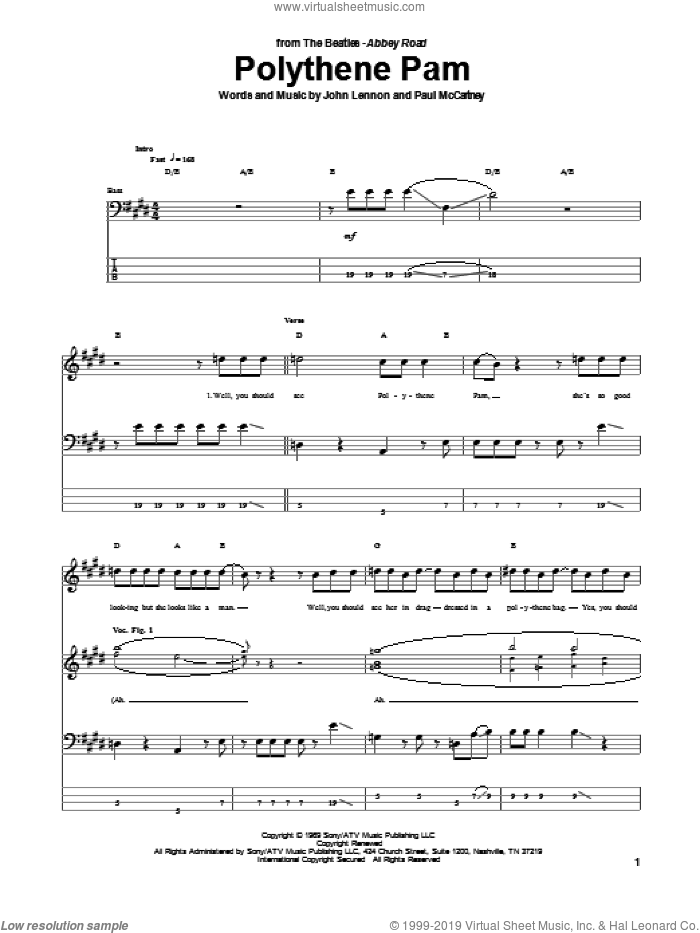 Polythene Pam sheet music for bass (tablature) (bass guitar) by The Beatles, John Lennon and Paul McCartney, intermediate skill level