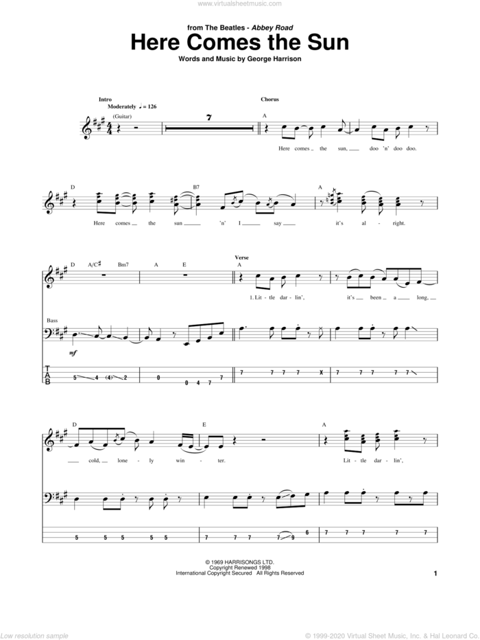 Here Comes The Sun sheet music for bass (tablature) (bass guitar) by The Beatles and George Harrison, intermediate skill level