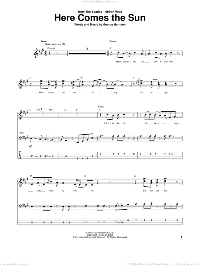 Here Comes The Sun sheet music for bass (tablature) (bass guitar) by The Beatles and George Harrison, intermediate skill level