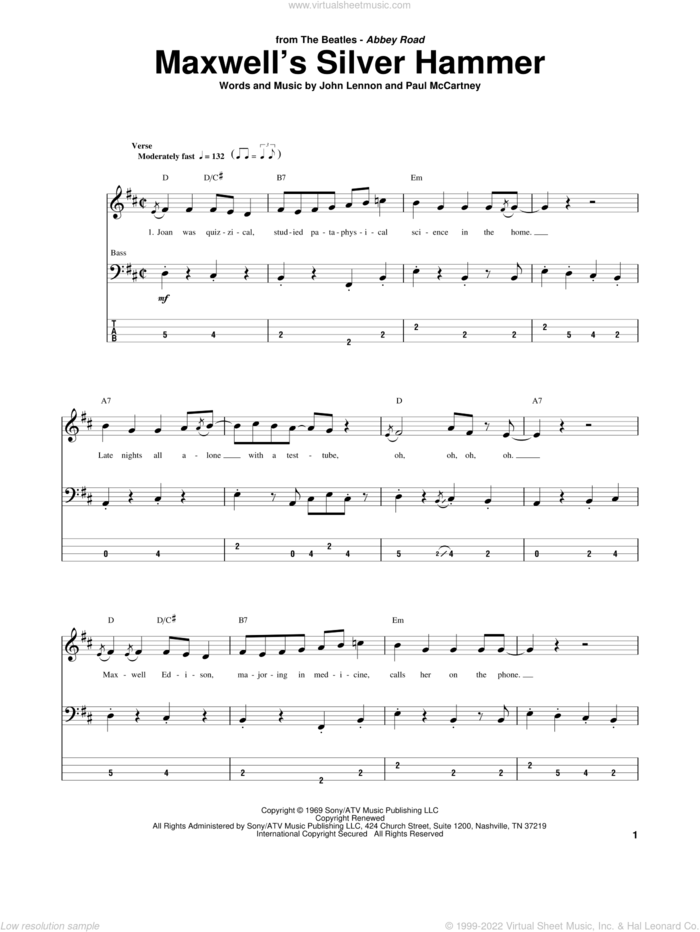 Maxwell's Silver Hammer sheet music for bass (tablature) (bass guitar) by The Beatles, John Lennon and Paul McCartney, intermediate skill level