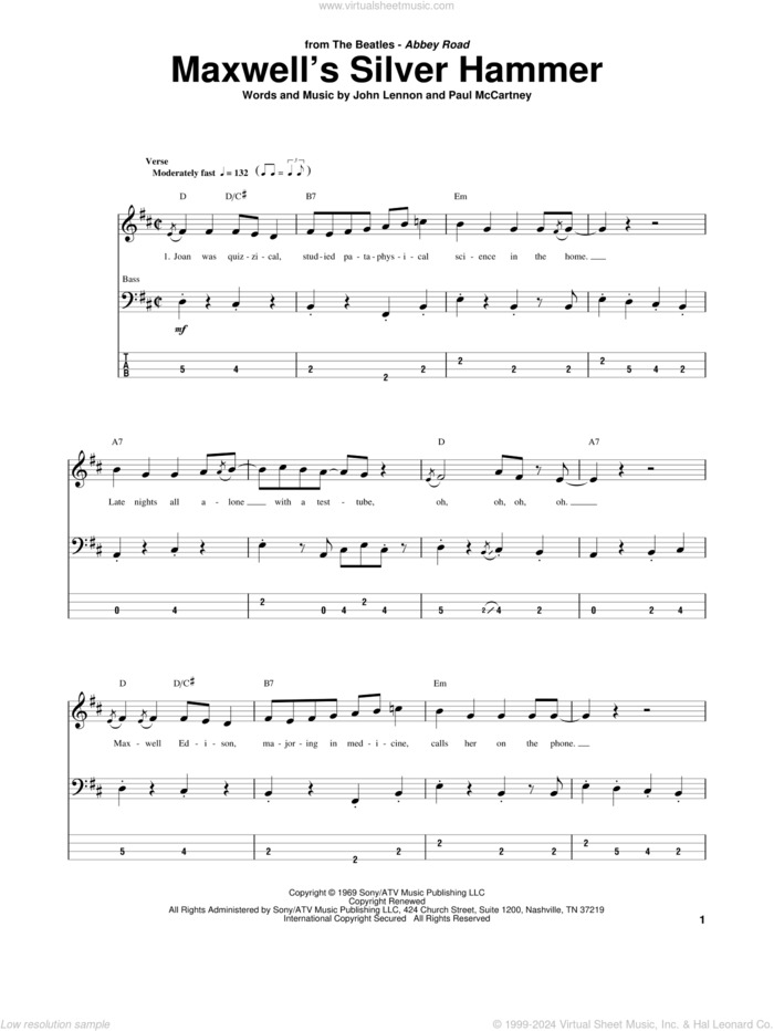 Maxwell's Silver Hammer sheet music for bass (tablature) (bass guitar) by The Beatles, John Lennon and Paul McCartney, intermediate skill level