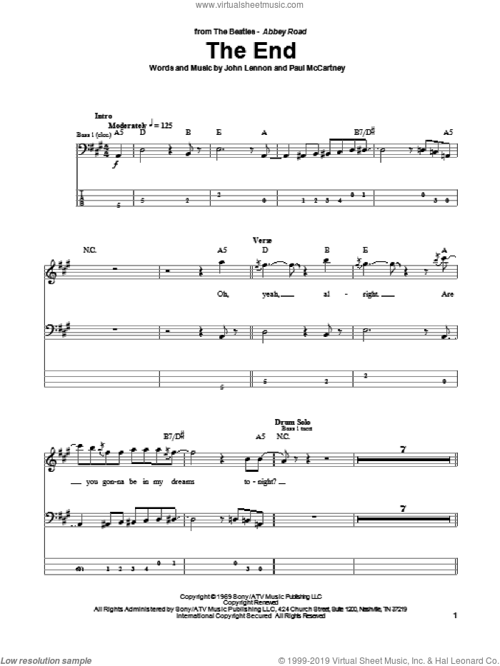 The End sheet music for bass (tablature) (bass guitar) by The Beatles, John Lennon and Paul McCartney, intermediate skill level