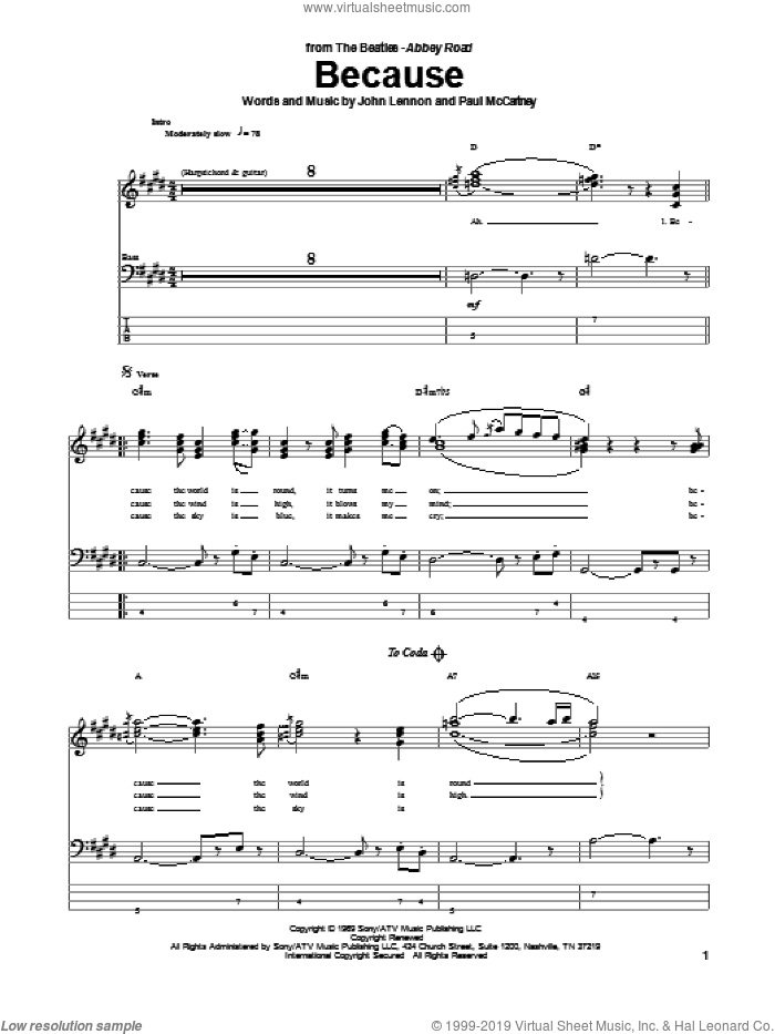 Because sheet music for bass (tablature) (bass guitar) by The Beatles, John Lennon and Paul McCartney, intermediate skill level