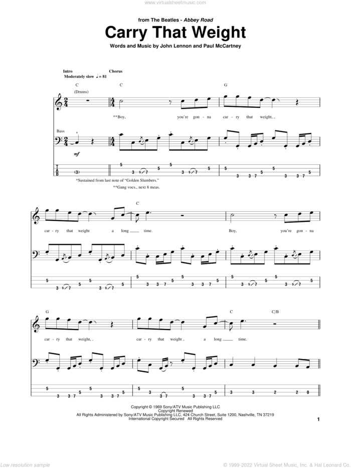 Carry That Weight sheet music for bass (tablature) (bass guitar) by The Beatles, John Lennon and Paul McCartney, intermediate skill level