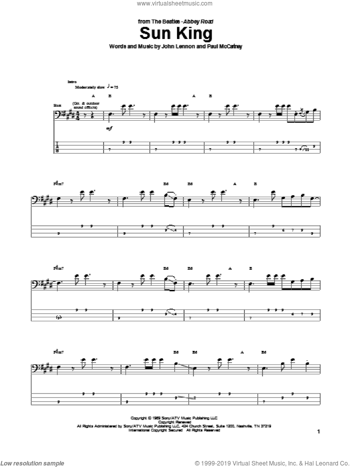 Sun King sheet music for bass (tablature) (bass guitar) by The Beatles, John Lennon and Paul McCartney, intermediate skill level