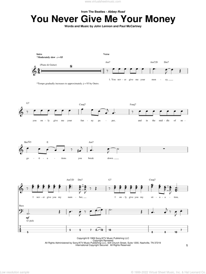 You Never Give Me Your Money sheet music for bass (tablature) (bass guitar) by The Beatles, John Lennon and Paul McCartney, intermediate skill level