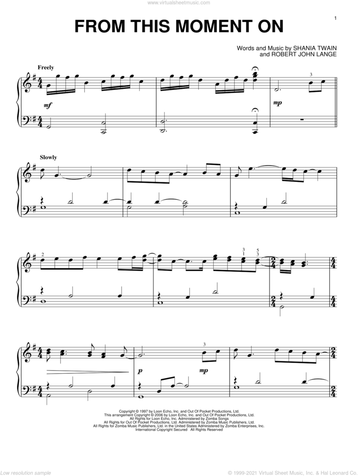 From This Moment On, (intermediate) sheet music for piano solo by Shania Twain and Robert John Lange, wedding score, intermediate skill level